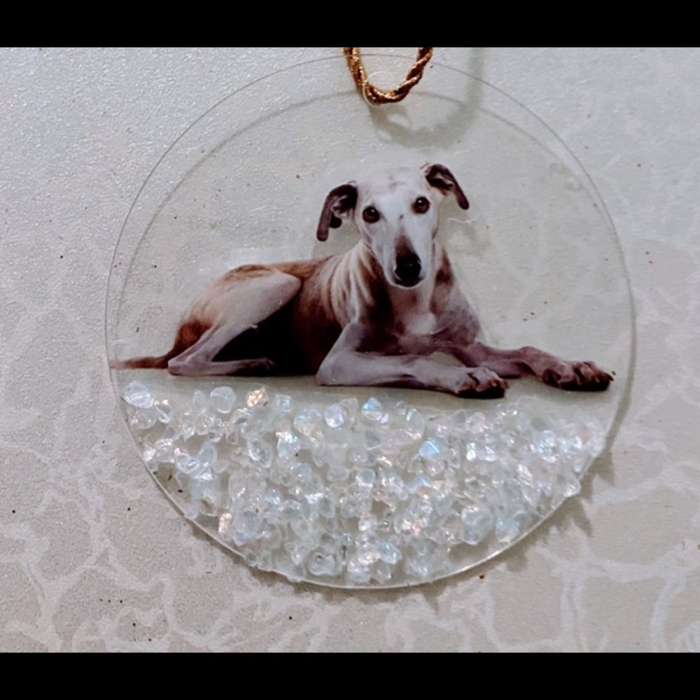 Elegant Greyhound Dog Ornament with White and Gold Accents or car mirror dangle